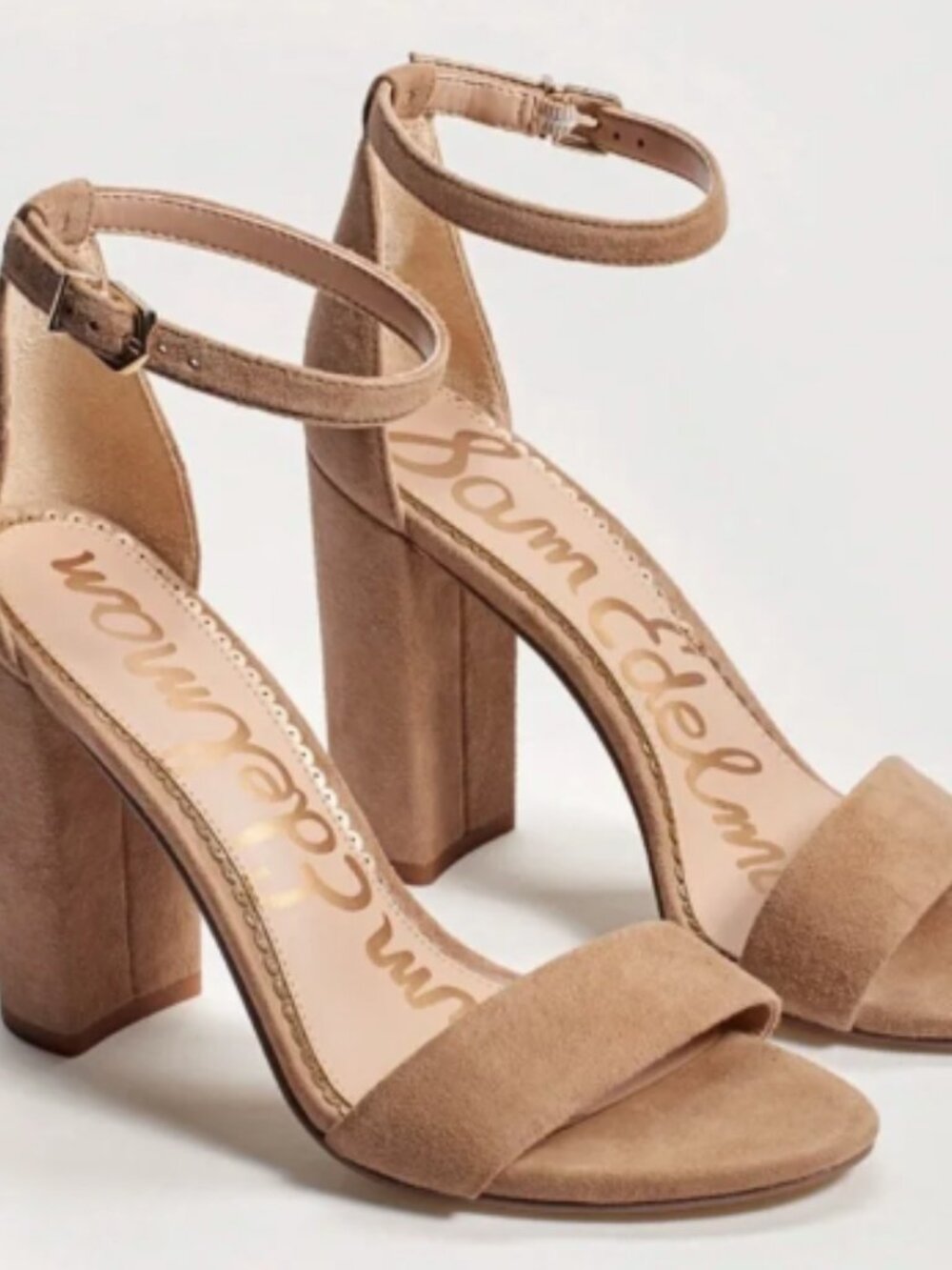Sam Edelman Yaro Nude Suede Open-Toe Block Heels with Ankle Strap